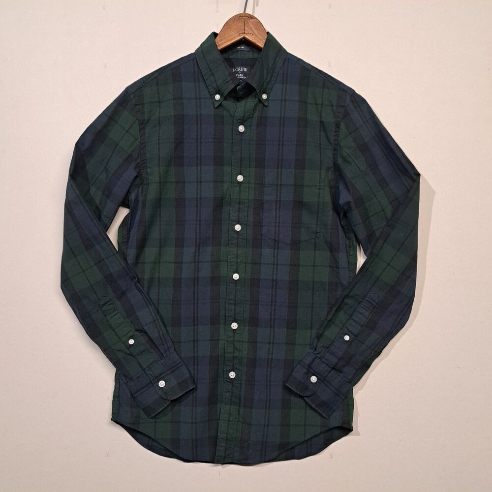 Mens J Crew Flex Washed Green Navy Plaid Slim Button Down XS Cotton